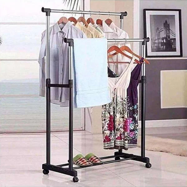 Portable Silver Stainless Steel Clothes Hanger Rack with Wheels Organize and Store Your Clothes Efficiently!