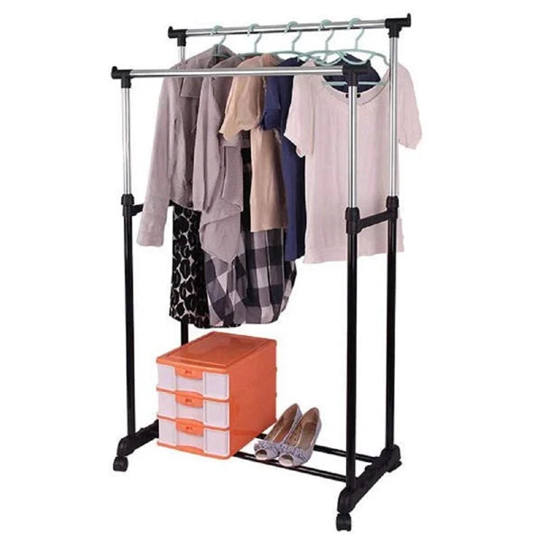 Portable Silver Stainless Steel Clothes Hanger Rack with Wheels Organize and Store Your Clothes Efficiently!