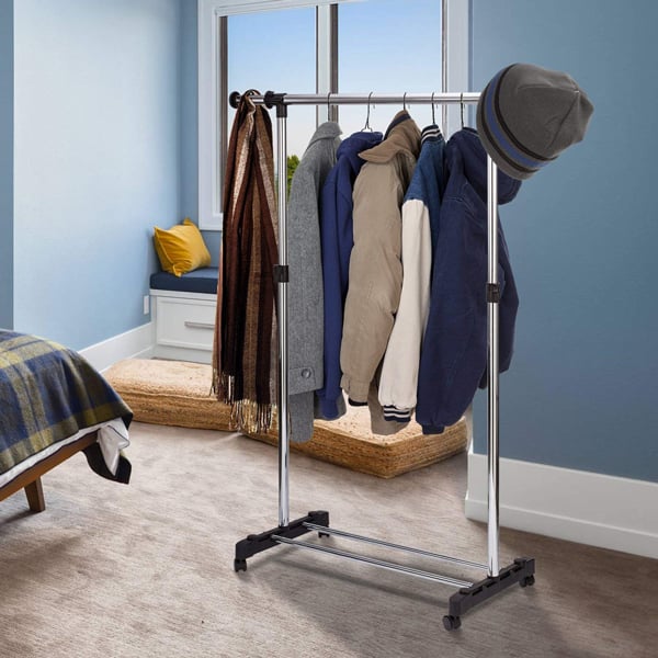 Silver Stainless Steel Telescopic Garment Rack with Wheels Portable Clothes Organizer for Easy Storage and Organization - Shop N Save