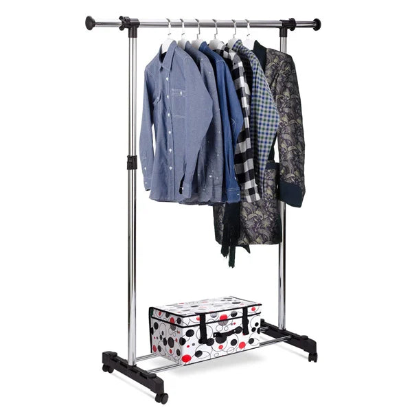 Silver Stainless Steel Telescopic Garment Rack with Wheels Portable Clothes Organizer for Easy Storage and Organization - Shop N Save