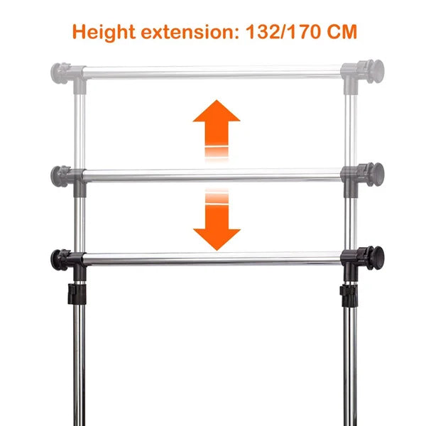 Silver Stainless Steel Telescopic Garment Rack with Wheels Portable Clothes Organizer for Easy Storage and Organization - Shop N Save