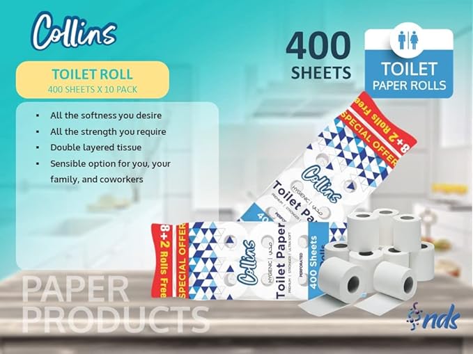 Collins 40,000 Sheets Extreme Bulk Toilet Paper Pack, Pack of 100 Embossed Tissue Rolls (400 sheets x 2 Ply) (100 Rolls, 1 x 100 Rolls Carton) - Shop N Save