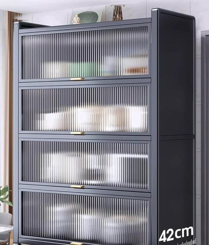 Metal Acrylic Showcase Cabinet – 4-Tier Display Storage Organizer with Sliding Doors, Sturdy Metal Frame, and Transparent Acrylic Panels, 144cm Height, Ideal for Home or Office