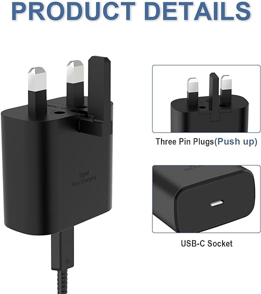 25W PD Adapter USB-C Power to USB-C Delivery Charger – Super Efficient Plug Adapter with PPS Technology and Type C Cable Included