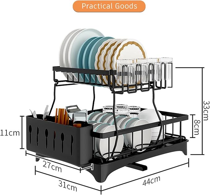 Prosight Dish Drying Rack, 2 Tier Dish Rack with Adjustable Swivel Spout Cups Holder Utensils holder, Rustproof Dish Drainer for Kitchen Counter, 17.3” L× 12.2”W× 13”H