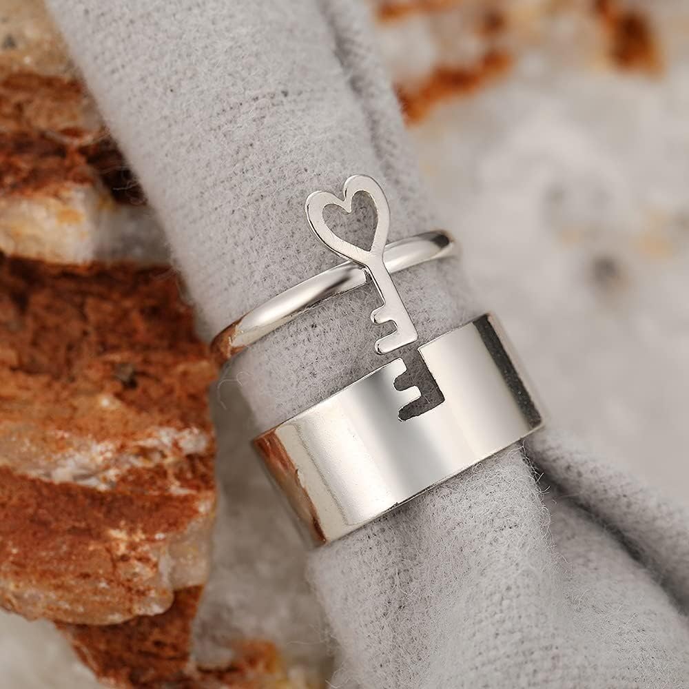 Couple Ring Set: Silver Heart Open Rings with Lock & Key Design - Shop N Save