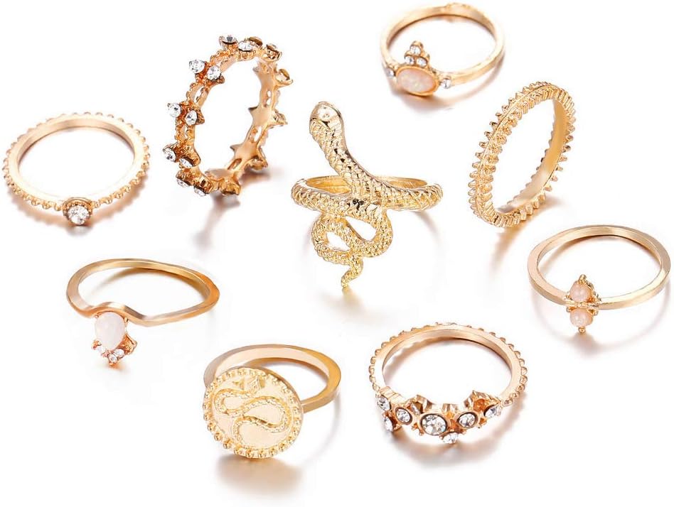 Gold Snake Ring Set - Boho Rhinestone Stackable Vintage Rings - Shop N Save