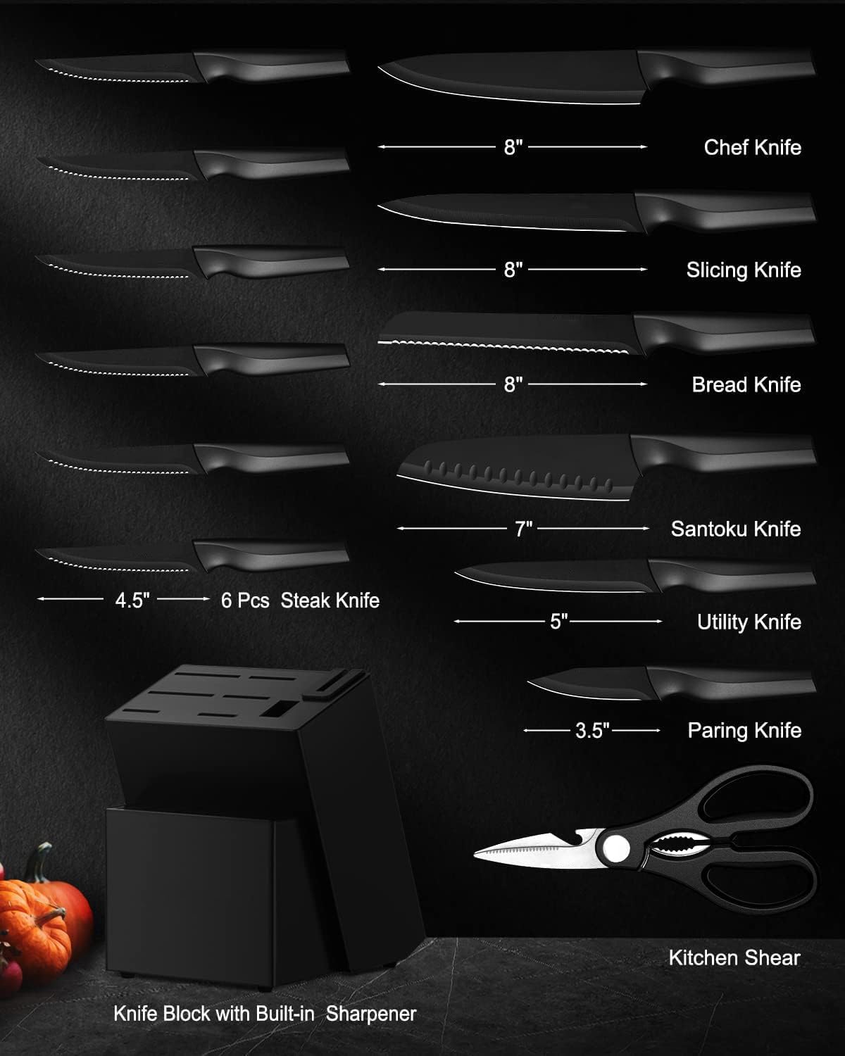Kitchen Knife Set with Built-in Sharpener Block, Dishwasher Safe, 15 Pieces German Stainless Steel