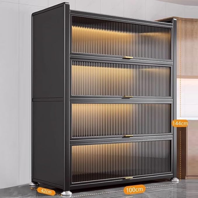 Metal Acrylic Showcase Cabinet – 4-Tier Display Storage Organizer with Sliding Doors, Sturdy Metal Frame, and Transparent Acrylic Panels, 144cm Height, Ideal for Home or Office