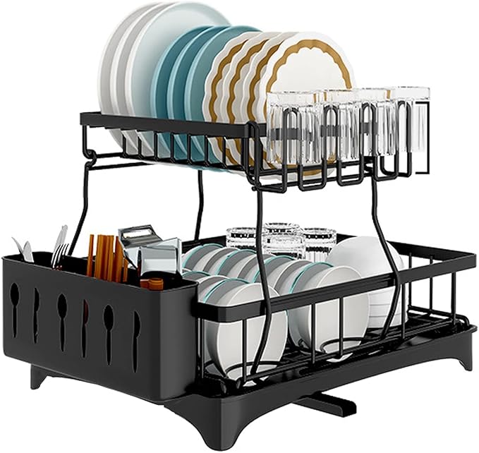 Prosight Dish Drying Rack, 2 Tier Dish Rack with Adjustable Swivel Spout Cups Holder Utensils holder, Rustproof Dish Drainer for Kitchen Counter, 17.3” L× 12.2”W× 13”H