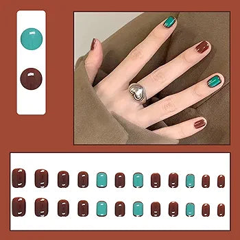 24 Pcs Emerald & Maroon Square False Nails: Short Press-On & Glue - Shop N Save