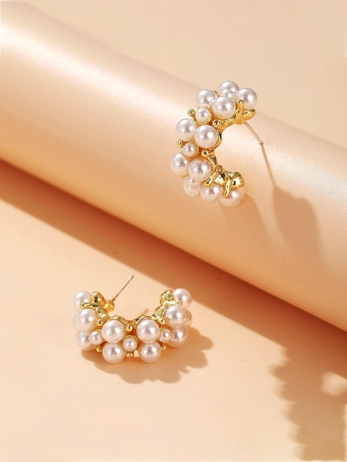 Gold-Toned Chimes Hoop Earrings: Pearl-Studded Clip-On Design - Shop N Save