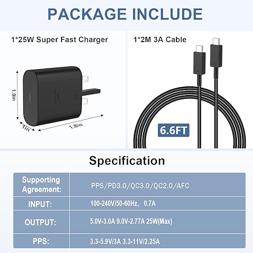 25W PD Adapter USB-C Power to USB-C Delivery Charger – Super Efficient Plug Adapter with PPS Technology and Type C Cable Included