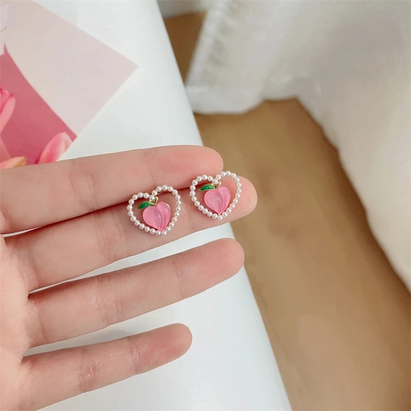 Pink Peach Pearl Studs: Women's Heart Earrings & Sweet Ear Accessories - Shop N Save
