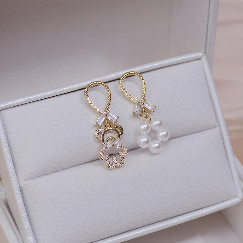 Cute Bear Earrings: 14K Gold, Pearl Crystal Studs for Women - Shop N Save