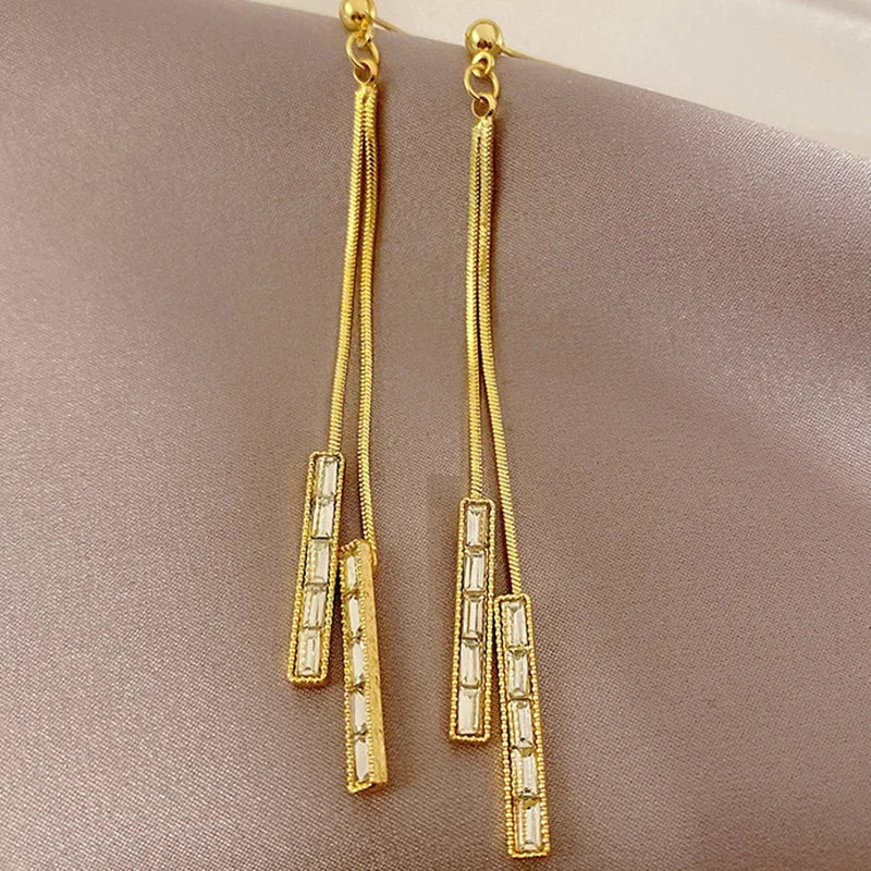 Zirconia Square Dangles: Elegant 2023, Gold-Plated Chain Earrings - Shop N Save