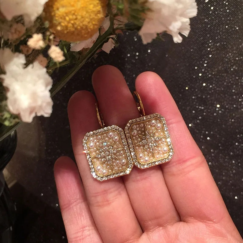 Small Star Earrings: Pearl Flower, Gold Color, Zircon Square - Shop N Save