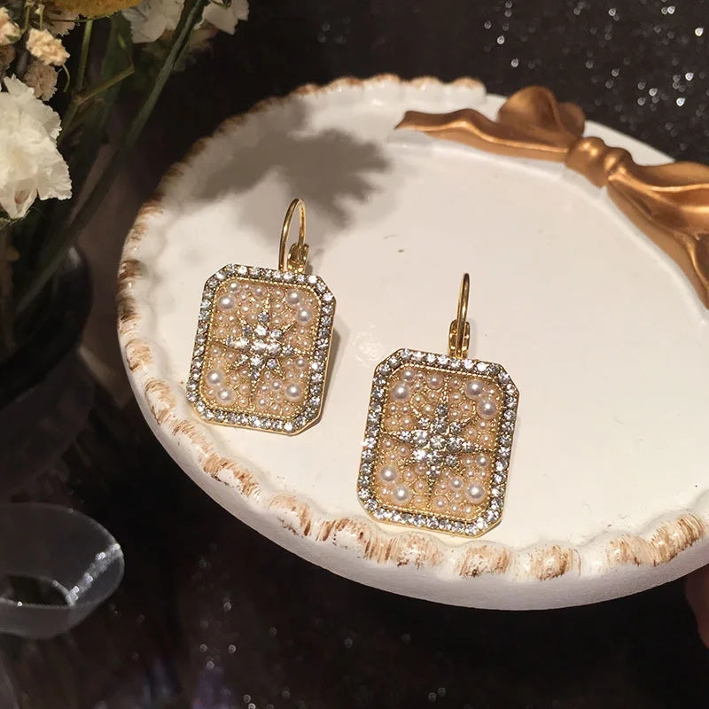 Small Star Earrings: Pearl Flower, Gold Color, Zircon Square - Shop N Save