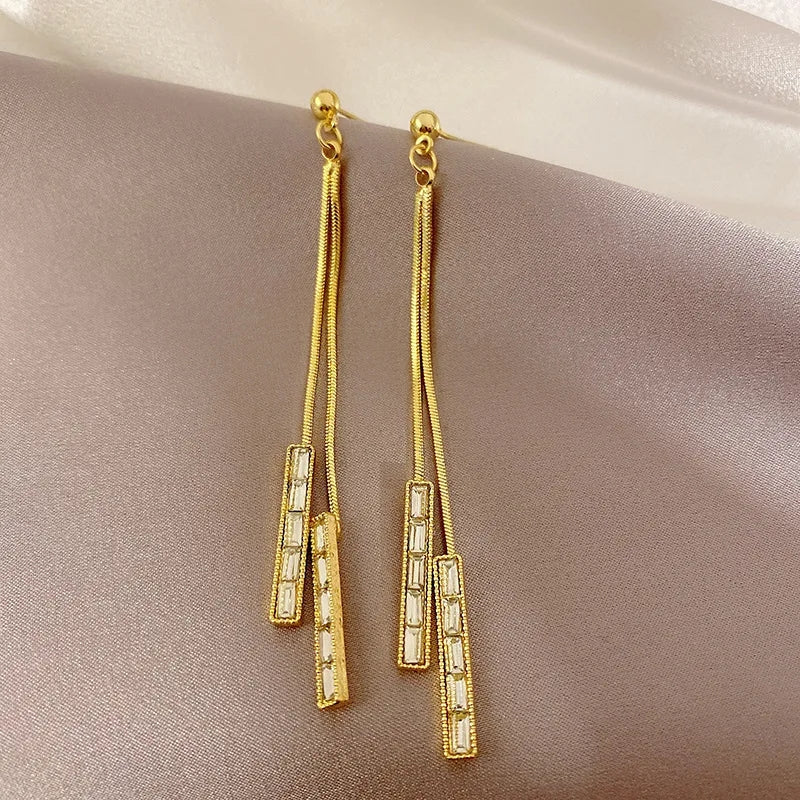 Zirconia Square Dangles: Elegant 2023, Gold-Plated Chain Earrings - Shop N Save