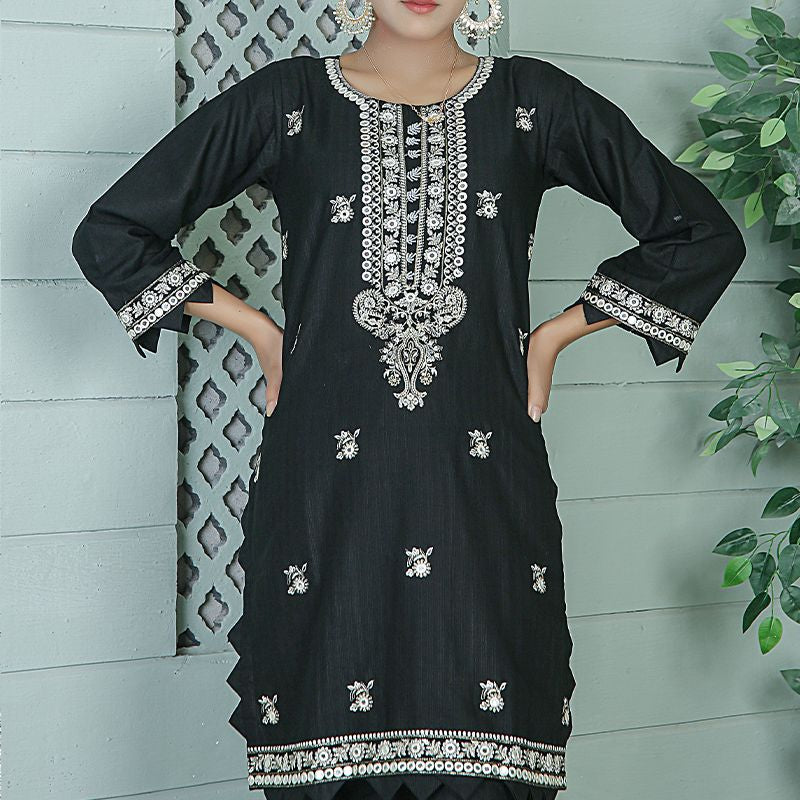 2 Piece Kurti Salwar Embroidery Set - Pure Cotton Collection Stylish Solid Color Light Weight Cotton Fabric Suit Top Bottom Salwar Kameez Indian Pakistani Embroidered Suit For Event Party Outdoor Dress - Black - Shop N Save