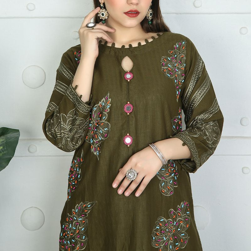 2 Piece Kurti Salwar Embroidery Set - Pure Cotton Collection Stylish Solid Color Light Weight Cotton Fabric Suit Top Bottom Salwar Kameez Indian Pakistani Embroidered Suit For Event Party Outdoor Dress - Dark Green - Shop N Save