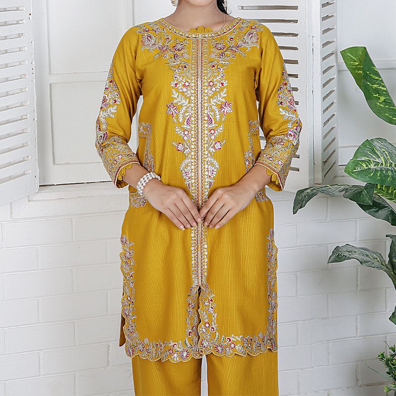 2 Piece Kurti Salwar Embroidery Set - Pure Cotton Collection Stylish Solid Color Light Weight Cotton Fabric Suit Top Bottom Salwar Kameez Indian Pakistani Embroidered Suit For Event Party Outdoor Dress - Golden - Shop N Save