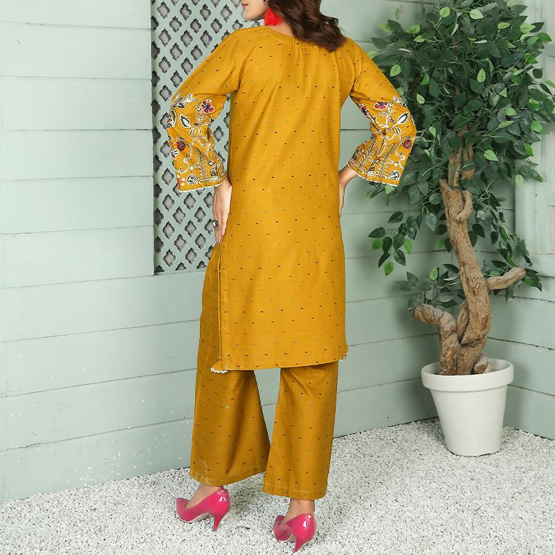 2 Piece Kurti Salwar Embroidery Set - Pure Cotton Collection Stylish Solid Color Light Weight Cotton Fabric Suit Top Bottom Salwar Kameez Indian Pakistani Embroidered Suit For Event Party Outdoor Dress - Golden - Shop N Save
