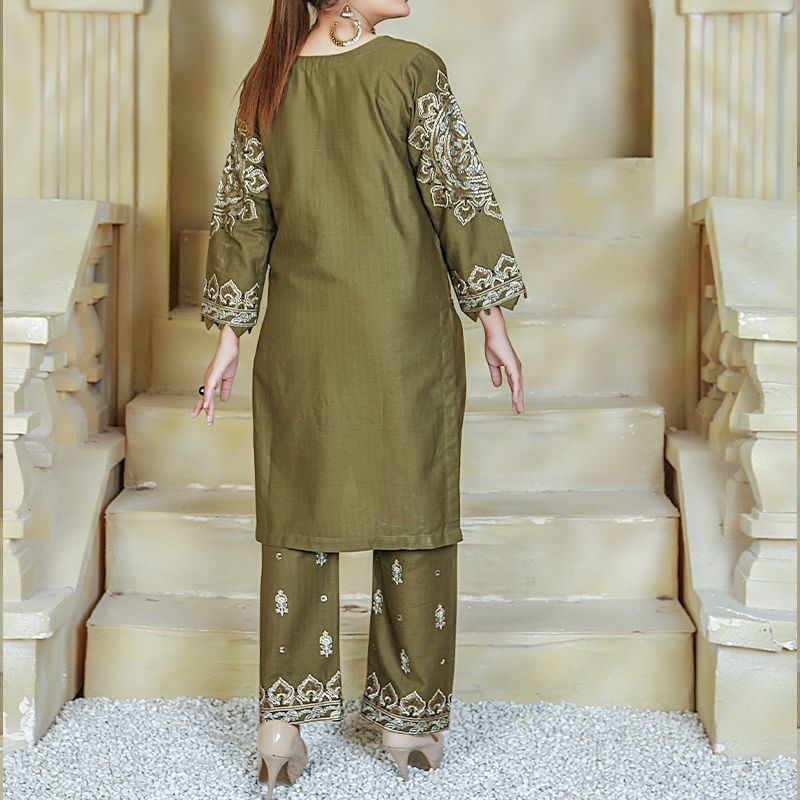 2 Piece Kurti Salwar Embroidery Set - Pure Cotton Collection Stylish Solid Color Light Weight Cotton Fabric Suit Top Bottom Salwar Kameez Indian Pakistani Embroidered Suit For Event Party Outdoor Dress - Dark Green - Shop N Save