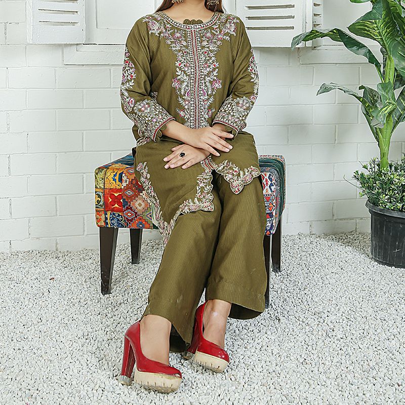 2 Piece Kurti Salwar Embroidery Set - Pure Cotton Collection Stylish Solid Color Light Weight Cotton Fabric Suit Top Bottom Salwar Kameez Indian Pakistani Embroidered Suit For Event Party Outdoor Dress - Dark Green - Shop N Save