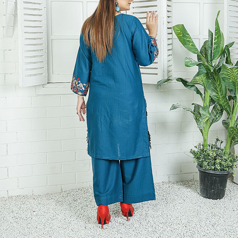 2 Piece Kurti Salwar Embroidery Set - Pure Cotton Collection Stylish Solid Color Light Weight Cotton Fabric Suit Top Bottom Salwar Kameez Indian Pakistani Embroidered Suit For Event Party Outdoor Dress - Dark Blue - Shop N Save
