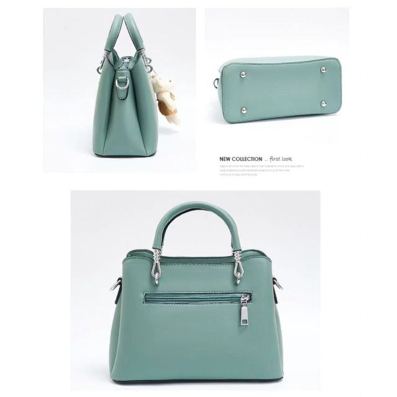 Green Stylish Handbag: Cute Pendant, Double Handles, Fashionable Charm