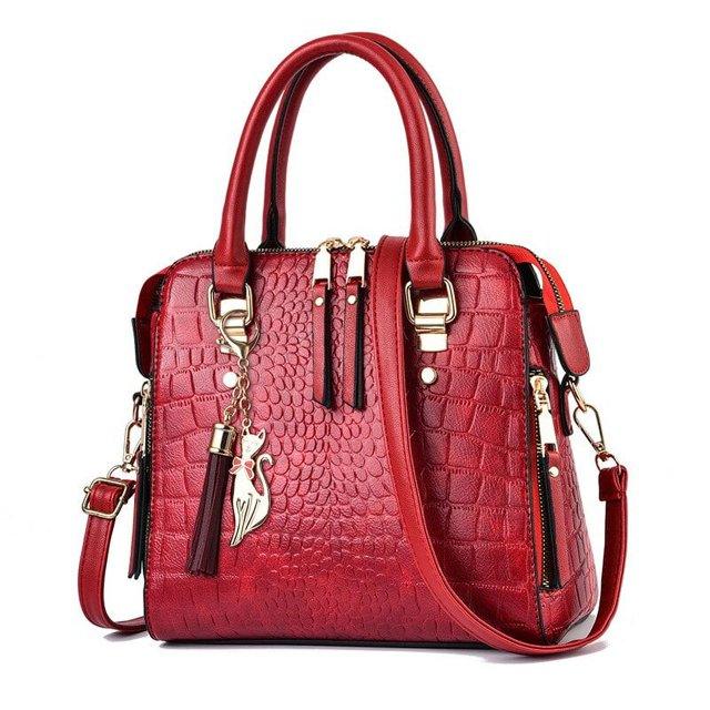 Ladies Fashion Crocodile Pattern Handbag - Wine Red - Shop N Save