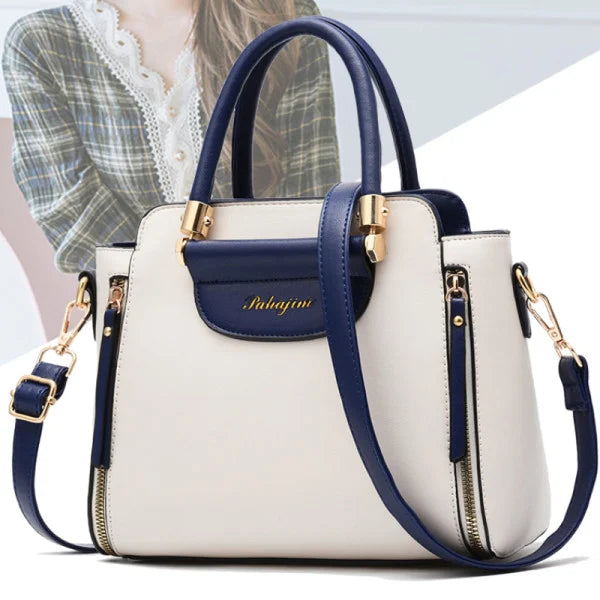 Fashionable Blue White Women's Shoulder Handbag with Double Handle Synthetic Leather Exterior and Polyester Interior