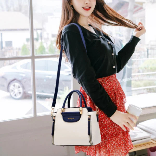 Fashionable Blue White Women's Shoulder Handbag with Double Handle Synthetic Leather Exterior and Polyester Interior