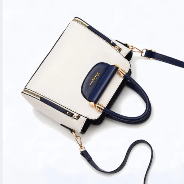 Fashionable Blue White Women's Shoulder Handbag with Double Handle Synthetic Leather Exterior and Polyester Interior