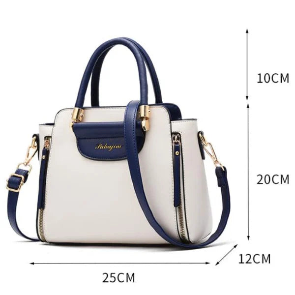 Fashionable Blue White Women's Shoulder Handbag with Double Handle Synthetic Leather Exterior and Polyester Interior