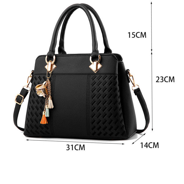 Fashionable Wine Red Handbag Stylish PU Leather Women's Handbag with Woven Pattern Zipper Closure Double Handle and Synthetic Leather Strap - Shop N Save