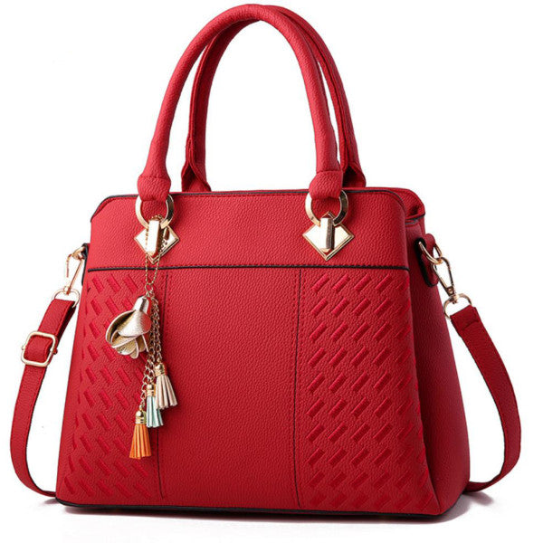 Fashionable Wine Red Handbag Stylish PU Leather Women's Handbag with Woven Pattern Zipper Closure Double Handle and Synthetic Leather Strap - Shop N Save