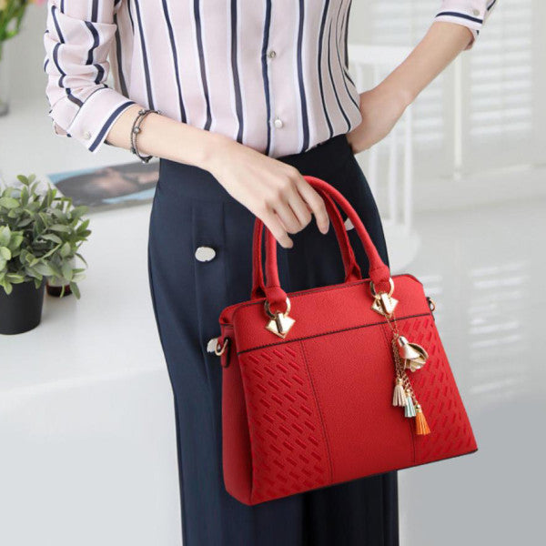 Fashionable Wine Red Handbag Stylish PU Leather Women's Handbag with Woven Pattern Zipper Closure Double Handle and Synthetic Leather Strap - Shop N Save