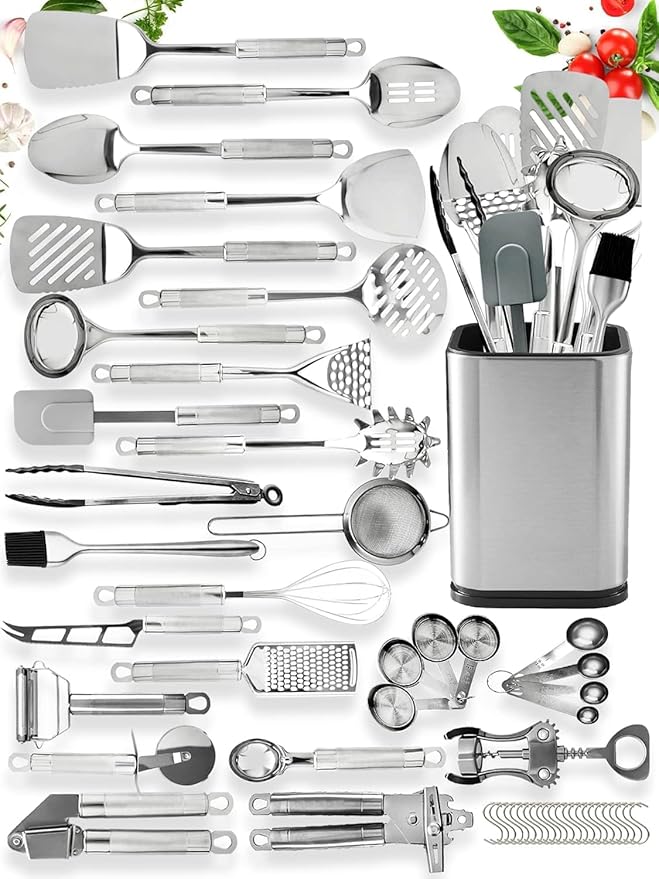 Collins 54 PCs Stainless Steel Kitchen Utensils Set - Nonstick Stainless Steel Cooking Utensils Set - Heat Resistant Kitchen Essentials & Metal Kitchen Gadgets