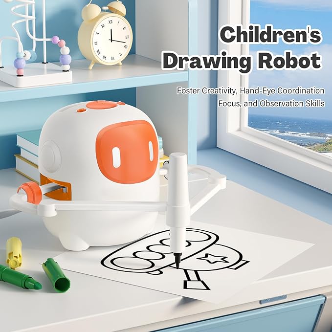 Drawing Robot No APP, Magic Painting Robot with 100 Cards, 12 Colored Brushes, 5 Paintbrushes, Reusable Drawing Board, Kids Preschool Art Drawing Machine Read Aloud the Card &Play Music