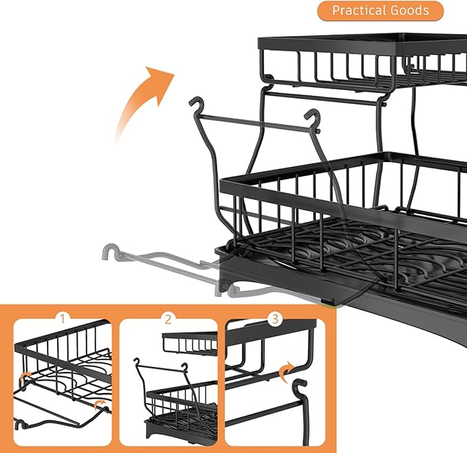 Prosight Dish Drying Rack, 2 Tier Dish Rack with Adjustable Swivel Spout Cups Holder Utensils holder, Rustproof Dish Drainer for Kitchen Counter, 17.3” L× 12.2”W× 13”H