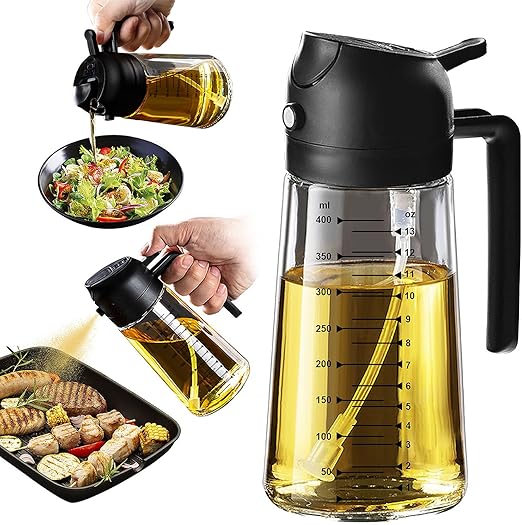 TrendPlain 16oz Olive Oil Dispenser Bottle for Kitchen - 2 in 1 Oil Dispenser and Oil Sprayer for Cooking, Air Fryer, Salad, 470ml Olive Oil Sprayer Black