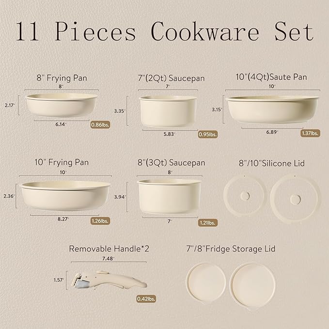 Collins 11pcs Pots and Pans Set, Nonstick Cookware Set Detachable Handle, Induction Kitchen Cookware Sets Non Stick with Removable Handle, RV Cookware Set