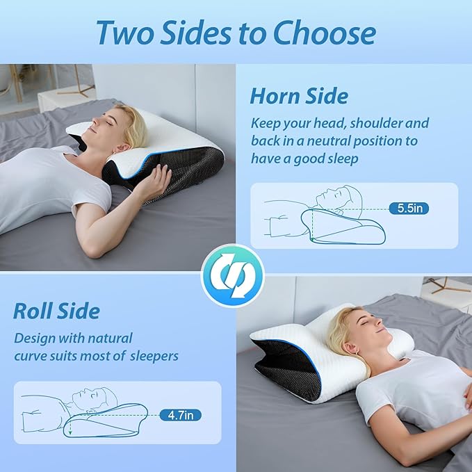 HOMCA Memory Foam Cervical Pillow, 2 in 1 Ergonomic Contour Orthopedic Pillow for Neck Pain, Contoured Support Pillows for Side Back Stomach Sleepers