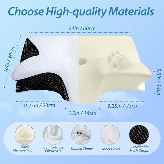 HOMCA Memory Foam Cervical Pillow, 2 in 1 Ergonomic Contour Orthopedic Pillow for Neck Pain, Contoured Support Pillows for Side Back Stomach Sleepers