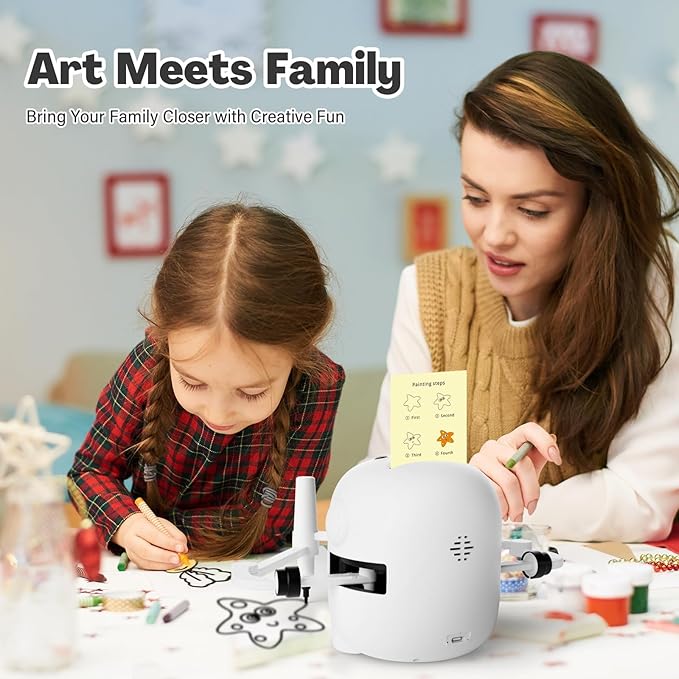 Drawing Robot No APP, Magic Painting Robot with 100 Cards, 12 Colored Brushes, 5 Paintbrushes, Reusable Drawing Board, Kids Preschool Art Drawing Machine Read Aloud the Card &Play Music