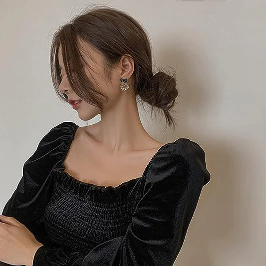 Ladies Rhinestone Bow Crystal Earrings - Black - Shop N Save