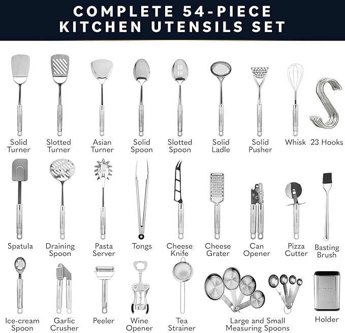 Collins 54 PCs Stainless Steel Kitchen Utensils Set - Nonstick Stainless Steel Cooking Utensils Set - Heat Resistant Kitchen Essentials & Metal Kitchen Gadgets