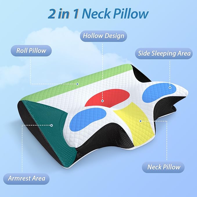 HOMCA Memory Foam Cervical Pillow, 2 in 1 Ergonomic Contour Orthopedic Pillow for Neck Pain, Contoured Support Pillows for Side Back Stomach Sleepers